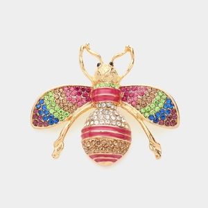 Pink Blue Gold Rhinestone Crystal Stripe Honey Bee Brooch Pin Fashion Accessory